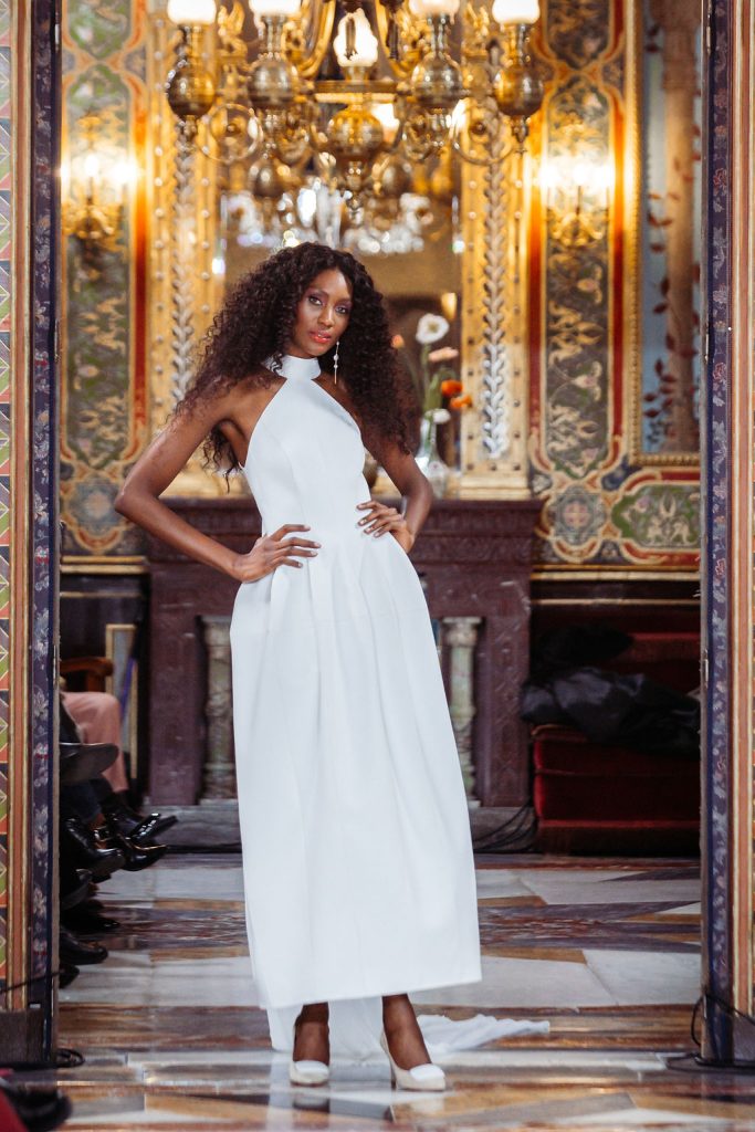 vestido ecopiel largo halter novia